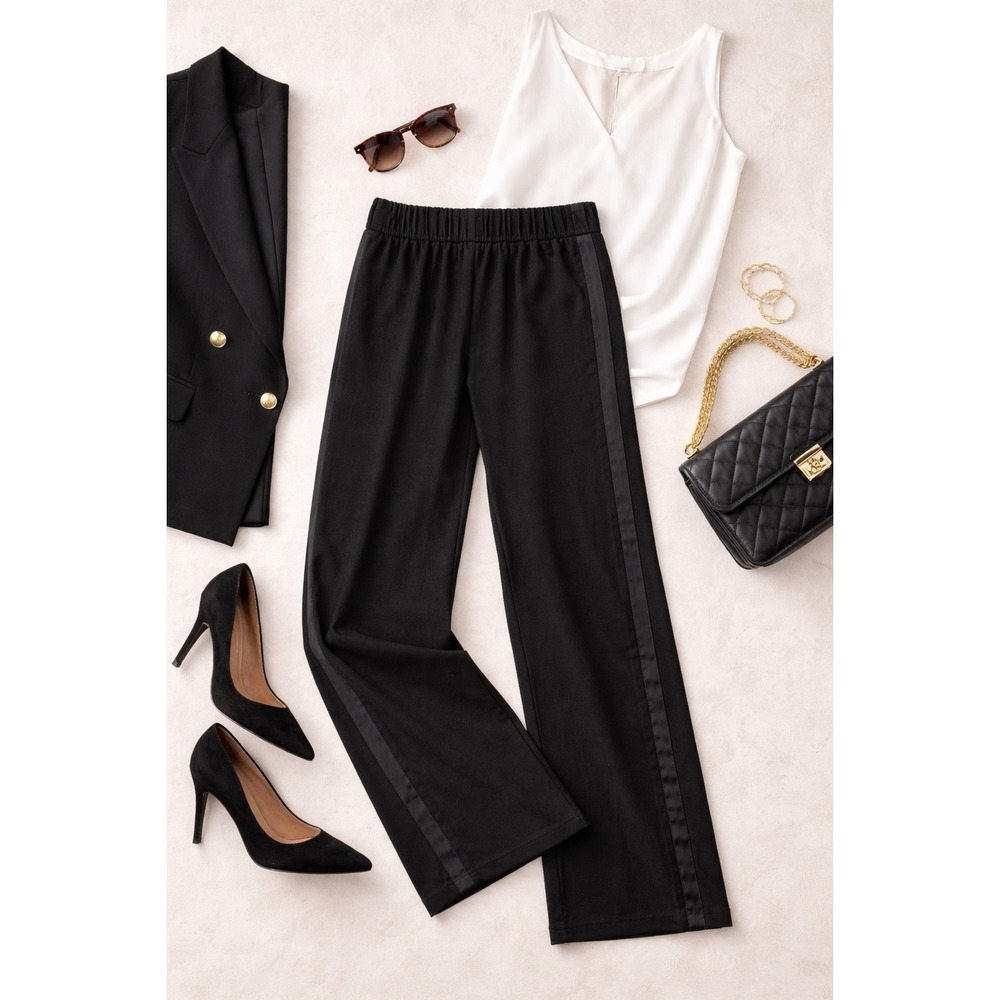 St. John Sport Black Wide Leg Tuxedo Stripe Pull On Pants Womens Size Medium